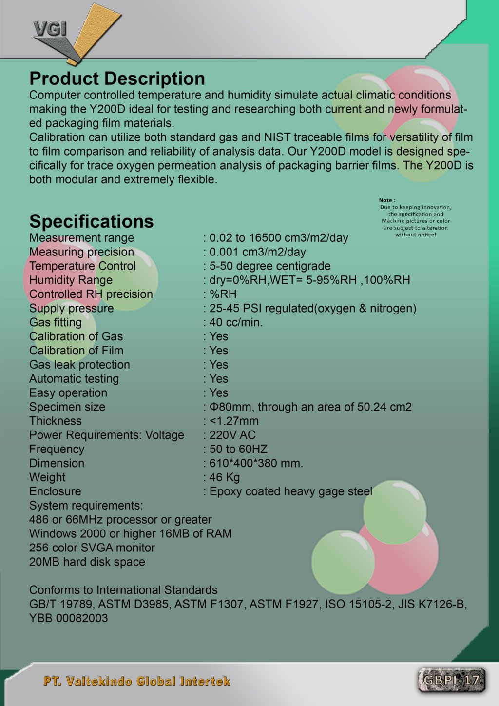 Oxygen Permeation Analyzer 2 Specification