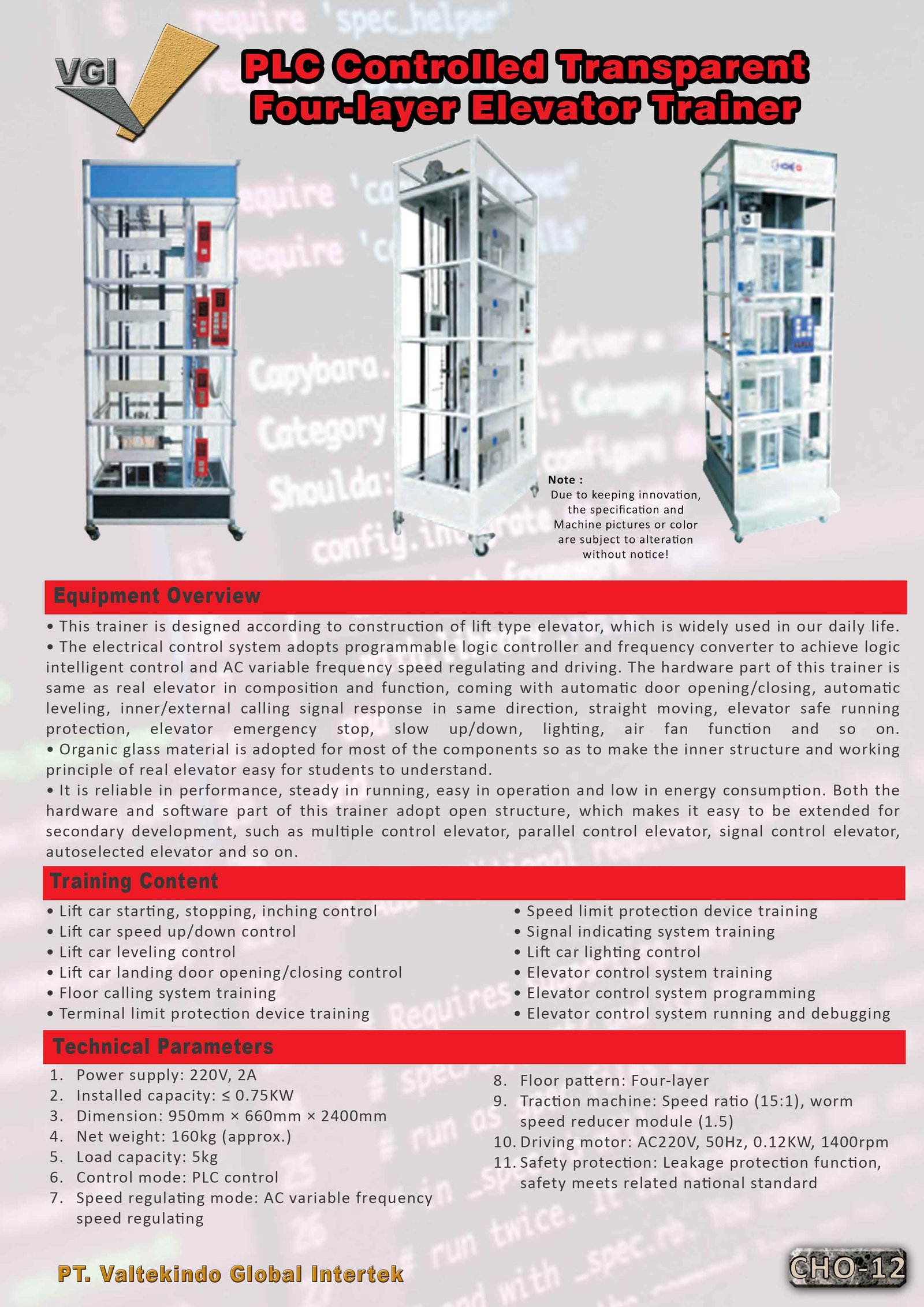 PLC Controlled Transparent Four-layer Elevator Trainer Spek