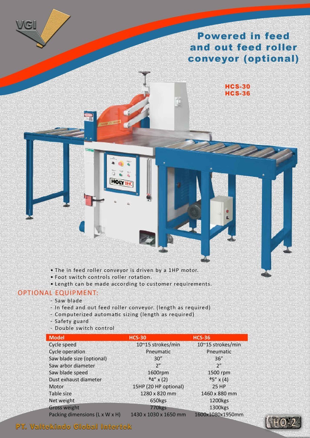 Powered in feed and out feed roller conveyor