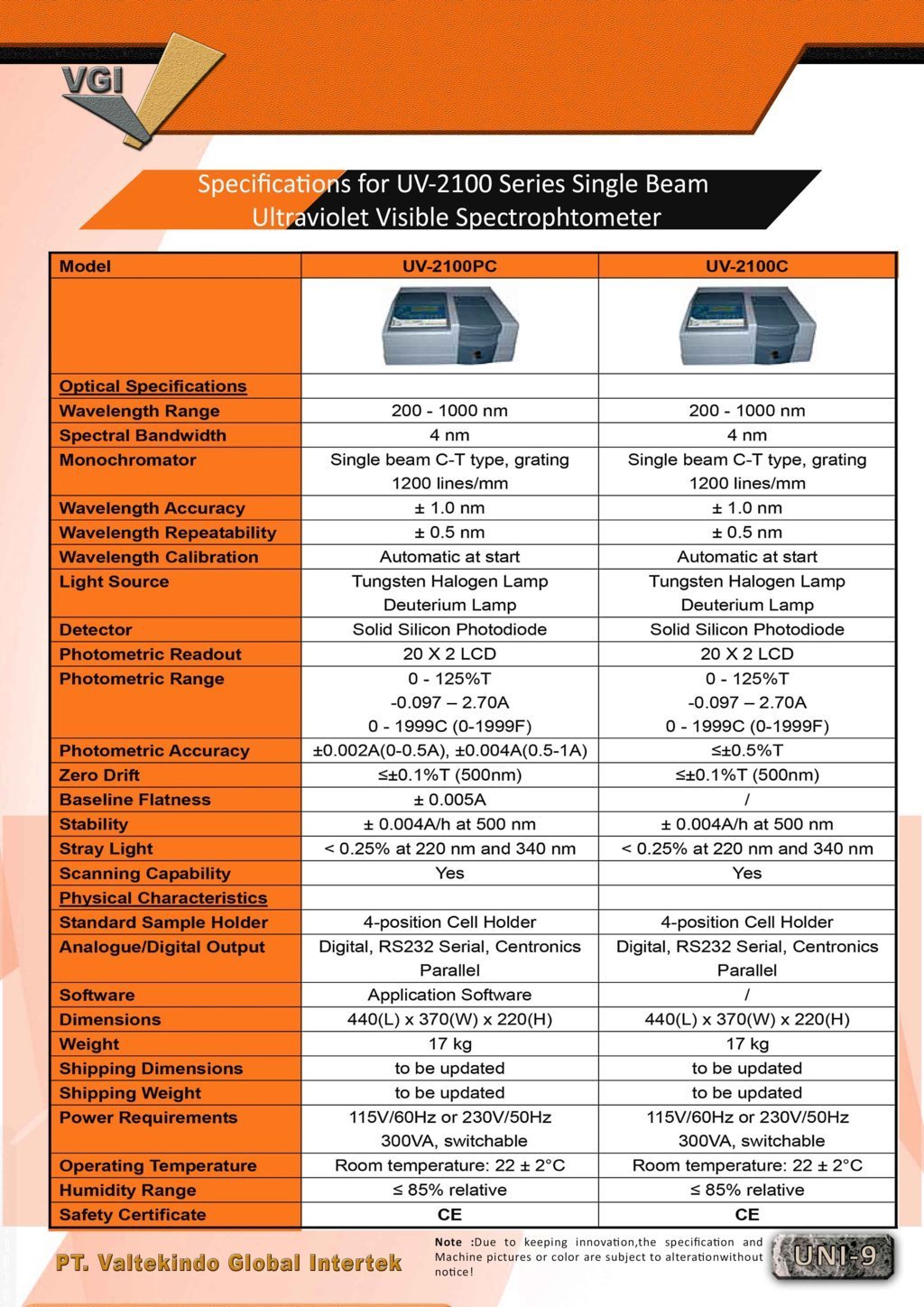 Single Beam Ultraviolet Visible Spectrophotometer Specification