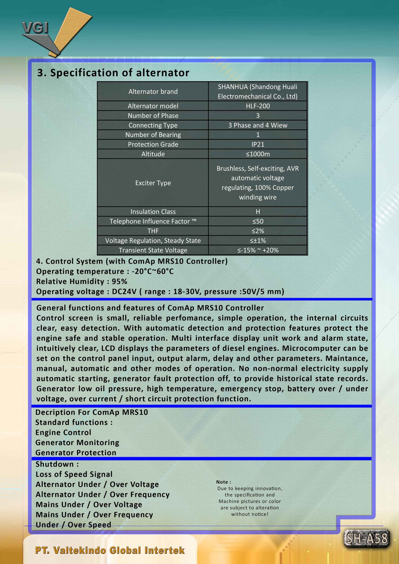 Specification Of Alternator